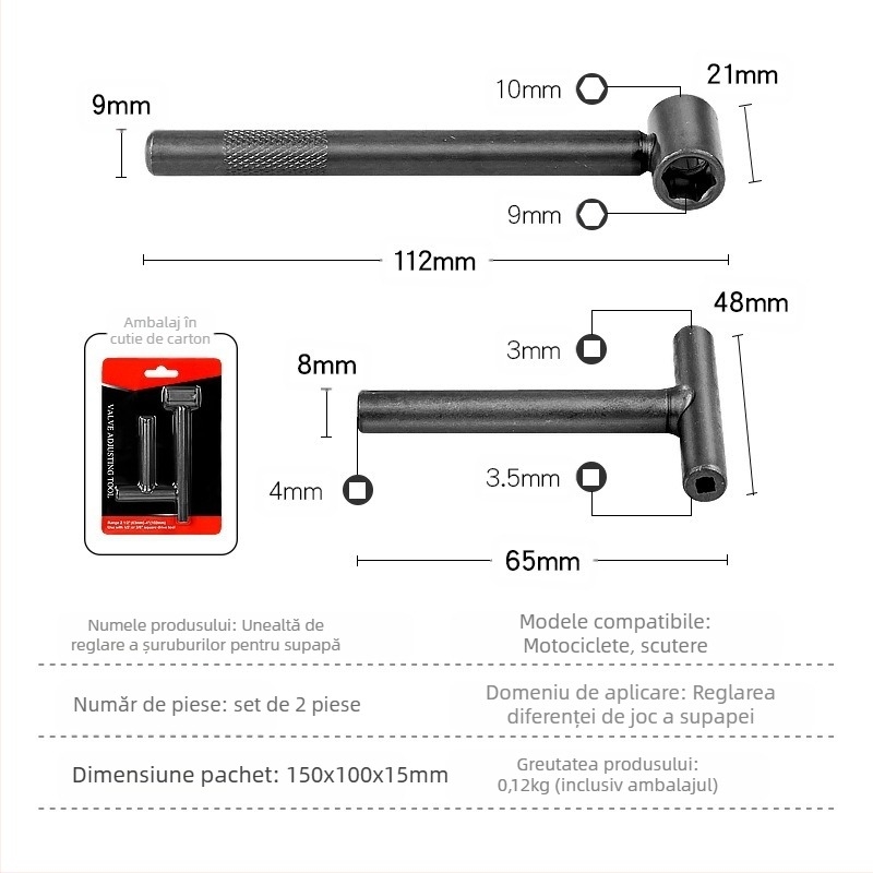 Cheie pentru reglarea jocului supapelor motocicletei, unealtă portabilă pentru reglarea tijelor/arcului arborelui supapei; oțel cu conținut ridicat de carbon, finisaj lucios, 0.12 kg