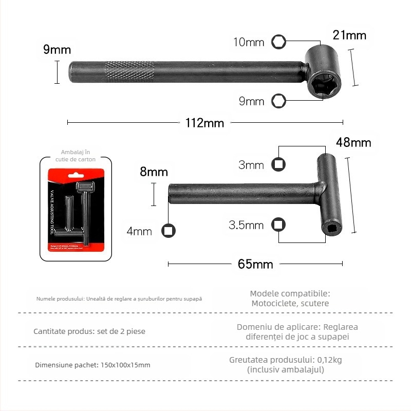 Cheie pentru reglarea jocului supapelor motocicletei, unealtă portabilă pentru reglarea tijelor/arcului arborelui supapei; oțel cu conținut ridicat de carbon, finisaj lucios, 0.12 kg