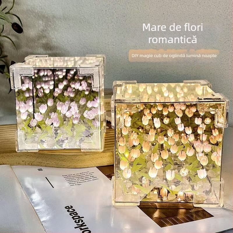 Lumină de noapte din acril, buchet de lalele în formă de cub, lucrată manual, turnare prin injecție, stil lux