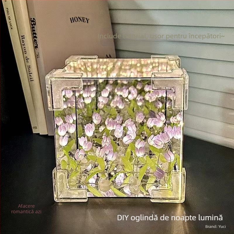 Lumină de noapte din acril, buchet de lalele în formă de cub, lucrată manual, turnare prin injecție, stil lux