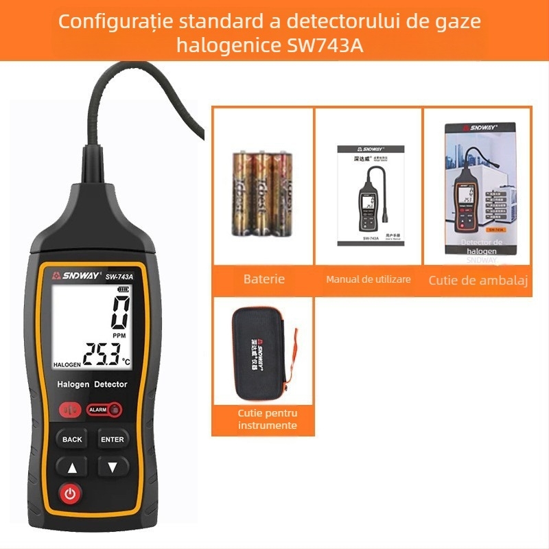 Detector de gaze halogene SW-743A pentru detectarea scurgerilor în sistemele de aer condiționat și freon – interval 0-10000 ppm, precizie 1 ppm