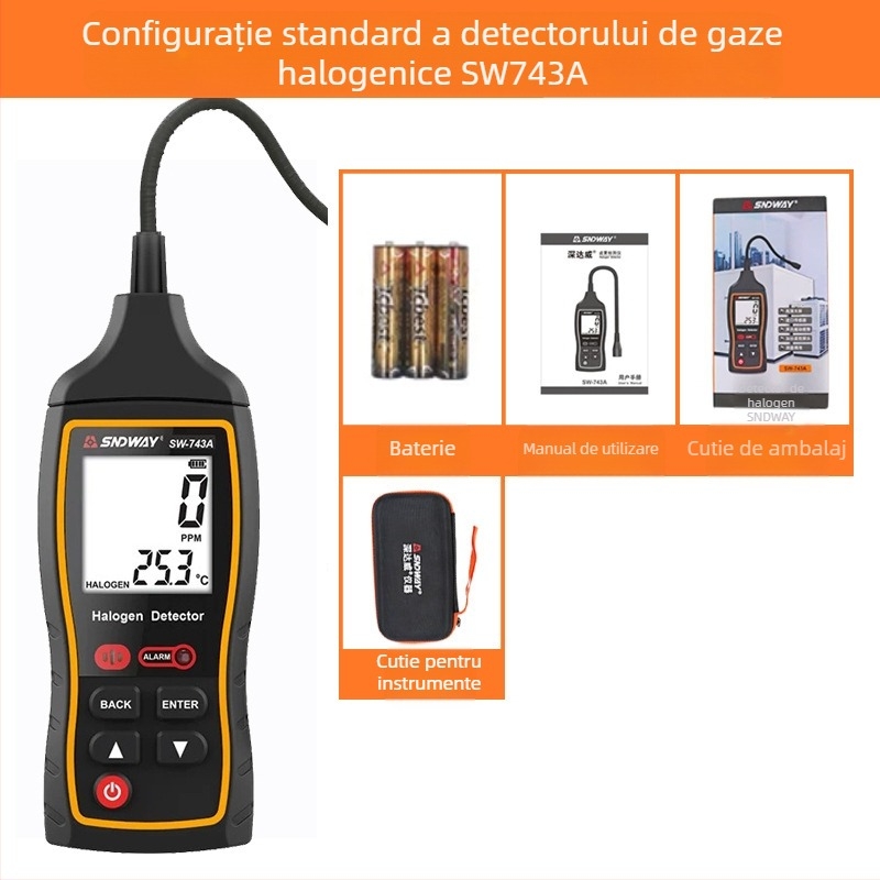 Detector de gaze halogene SW-743A pentru detectarea scurgerilor în sistemele de aer condiționat și freon – interval 0-10000 ppm, precizie 1 ppm