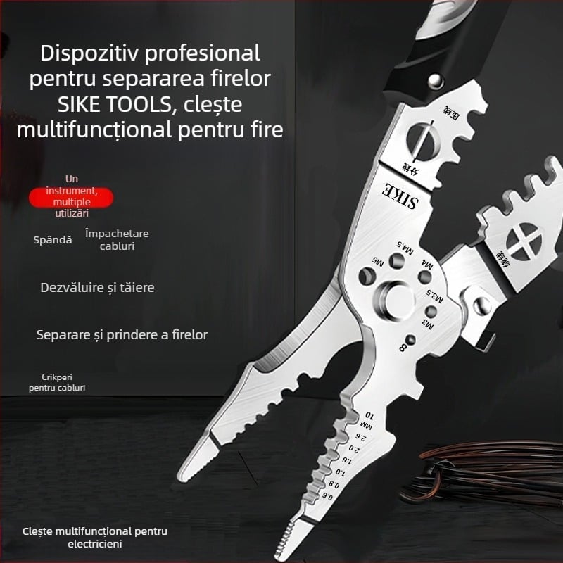 Clește electrician multifuncțional pentru dezizolarea cablurilor, tăierea și crimparea, cu vârf tip, clasa industrială, greutate 0,185