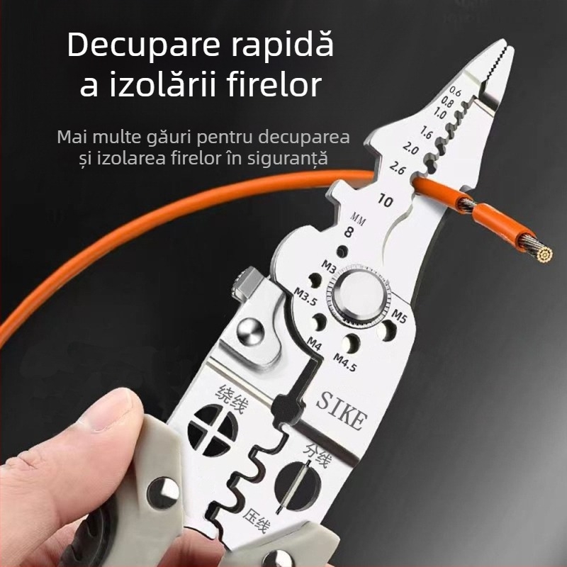 Clește electrician multifuncțional pentru dezizolarea cablurilor, tăierea și crimparea, cu vârf tip, clasa industrială, greutate 0,185