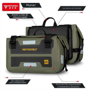 Geantă laterală pentru motocicletă, impermeabilă, cu eliberare rapidă, capacitate mare, stil Knight Pack, material 500D PVC, Mordo Wolf/MOTOWOLF