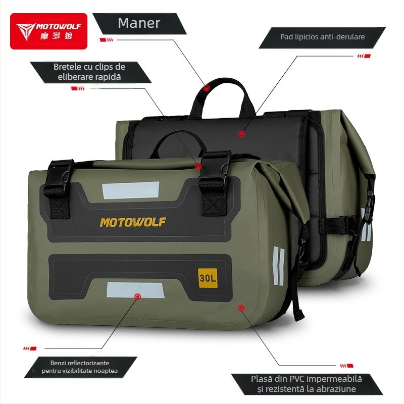 Geantă laterală pentru motocicletă, impermeabilă, cu eliberare rapidă, capacitate mare, stil Knight Pack, material 500D PVC, Mordo Wolf/MOTOWOLF