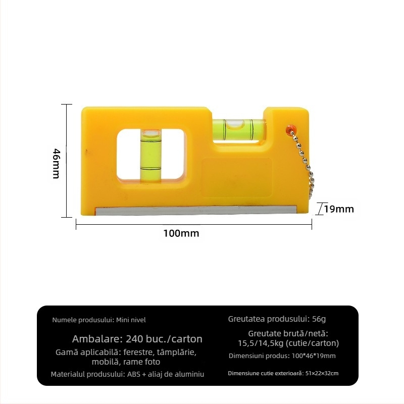 Nivel magnetic mini cu lanț de agățare și bulă de nivel pentru întreținere casnică (Magnet; Lanț de agățare; Bulă de nivel)