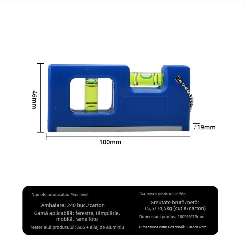 Nivel magnetic mini cu lanț de agățare și bulă de nivel pentru întreținere casnică (Magnet; Lanț de agățare; Bulă de nivel)
