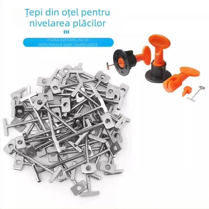 Sistem de nivelare a plăcilor cu ac de oțel înlocuibil, știft T și clips reutilizabil
