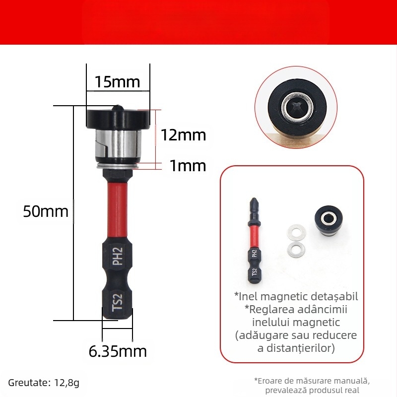 Cap de poziționare pentru gips-carton, reglabil, cu inel magnetic, din oțel S2, pentru șuruburi Philips în tâmplărie