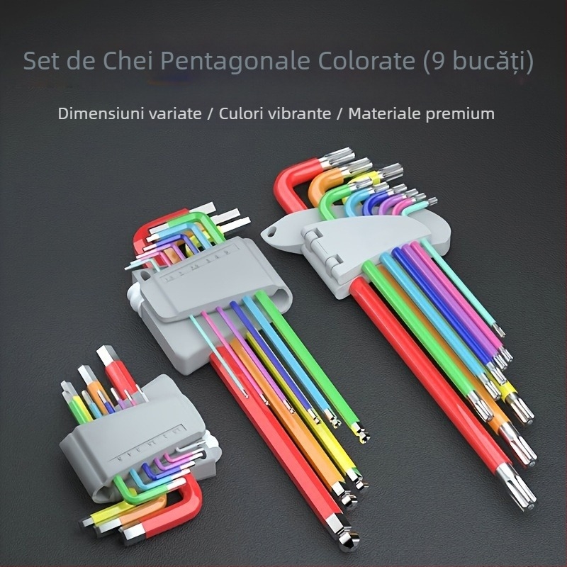 Set chei hexagonale cu cap rotund, în formă de L, 9 buc, oțel Cr-V, hex intern