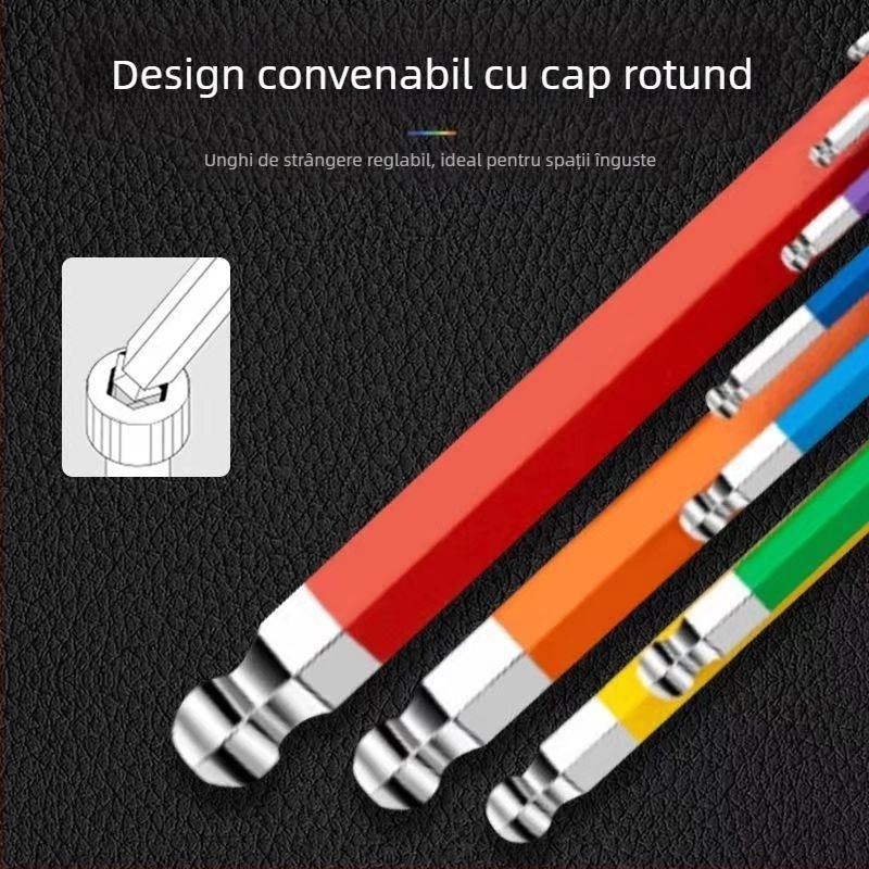 Set chei hexagonale cu cap rotund, în formă de L, 9 buc, oțel Cr-V, hex intern