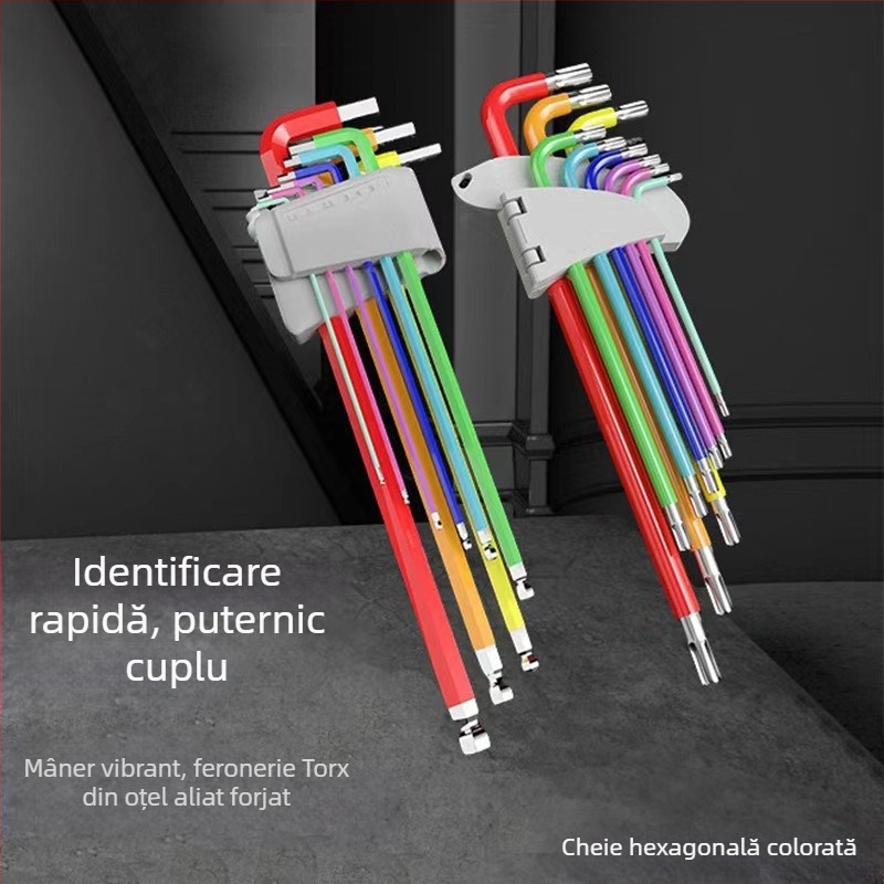 Set chei hexagonale cu cap rotund, în formă de L, 9 buc, oțel Cr-V, hex intern