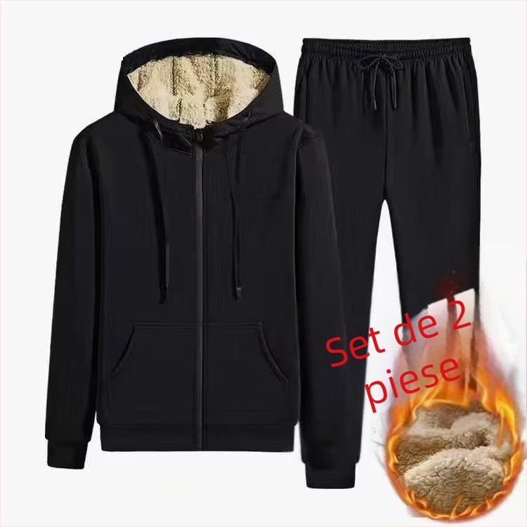 Geacă bărbați din fleece, cu glugă, fermoar, guler înalt, croială lejeră