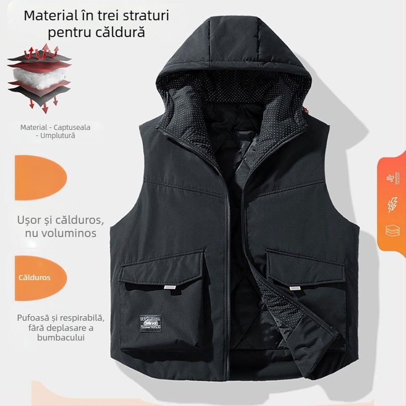 Vestă cardigan vintage, croială lejeră, guler înalt, fermoar, cu glugă, poliester gros, 100% poliester