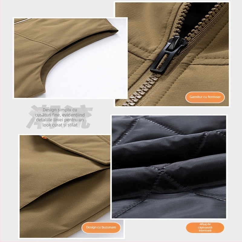 Vestă cardigan vintage, croială lejeră, guler înalt, fermoar, cu glugă, poliester gros, 100% poliester