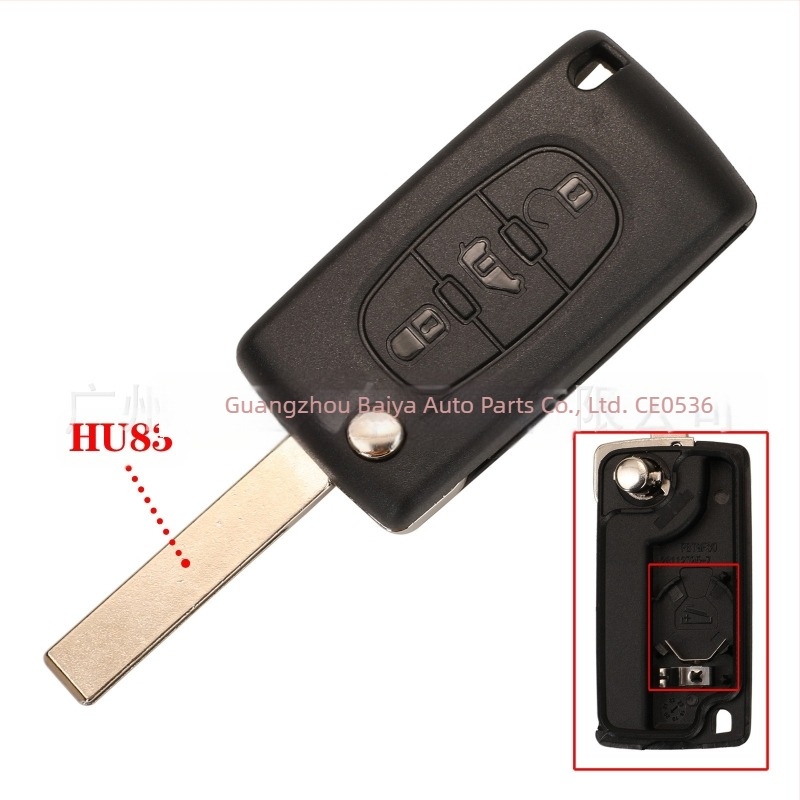 Carcasă pentru cheie auto pliabilă cu 3 butoane pentru Peugeot Citroën Fiat CE0523/CE0536 | Carcasă din plastic; lamă de cheie din cupru + plastic; greutate 39,5 g