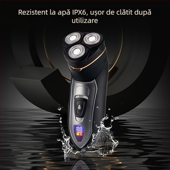 Aparat de ras electric pentru bărbați, cap rotativ cu 3 lame, baterie încorporată 500–800 mAh, autonomie până la 120 minute, complet lavabil pentru întregul corp, umed și uscat