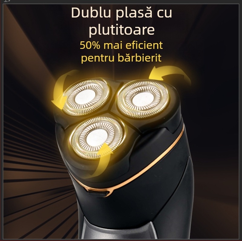 Aparat de ras electric pentru bărbați, cap rotativ cu 3 lame, baterie încorporată 500–800 mAh, autonomie până la 120 minute, complet lavabil pentru întregul corp, umed și uscat