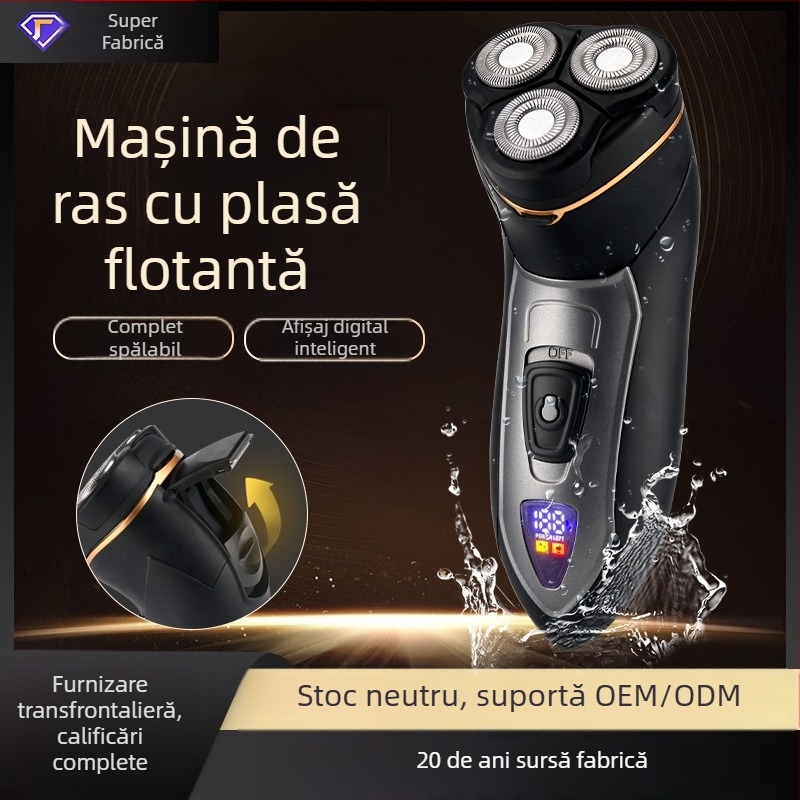 Aparat de ras electric pentru bărbați, cap rotativ cu 3 lame, baterie încorporată 500–800 mAh, autonomie până la 120 minute, complet lavabil pentru întregul corp, umed și uscat