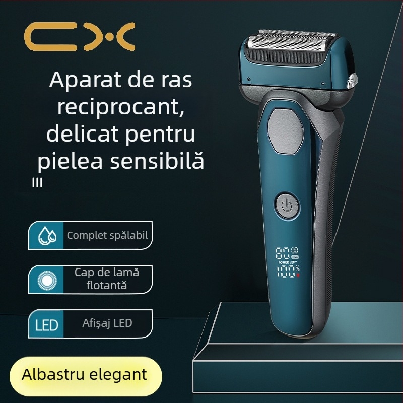Aparat de ras electric cu cap de 3 lame, baterie încorporată 500–800 mAh, afișaj LED, spălare pentru corp, autonomie peste 60 de minute