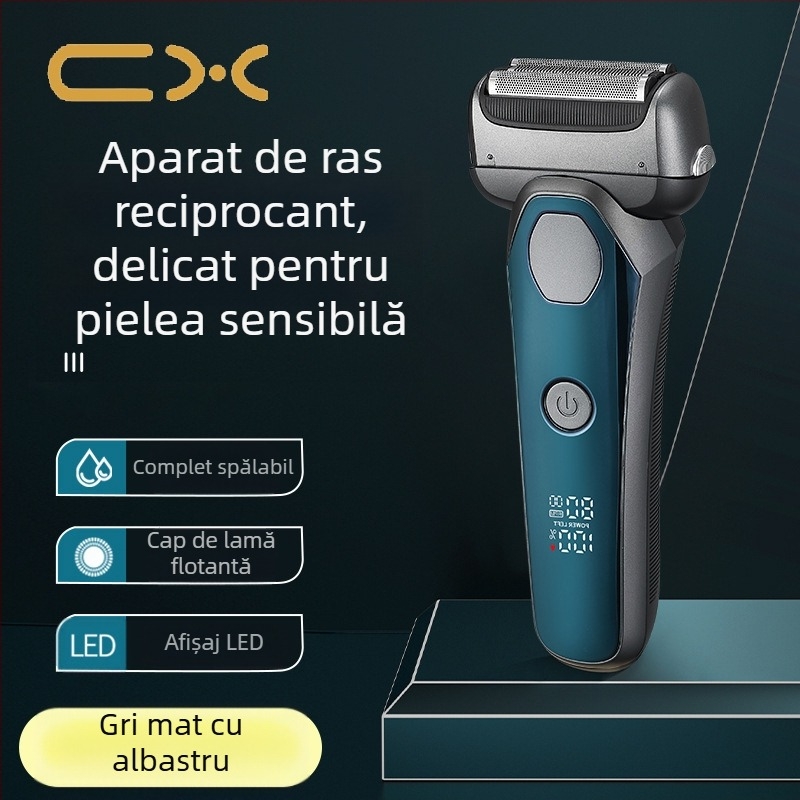 Aparat de ras electric cu cap de 3 lame, baterie încorporată 500–800 mAh, afișaj LED, spălare pentru corp, autonomie peste 60 de minute