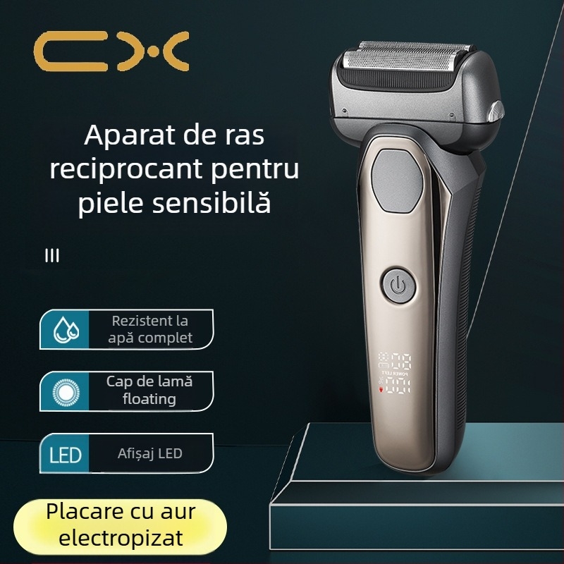Aparat de ras electric cu cap de 3 lame, baterie încorporată 500–800 mAh, afișaj LED, spălare pentru corp, autonomie peste 60 de minute
