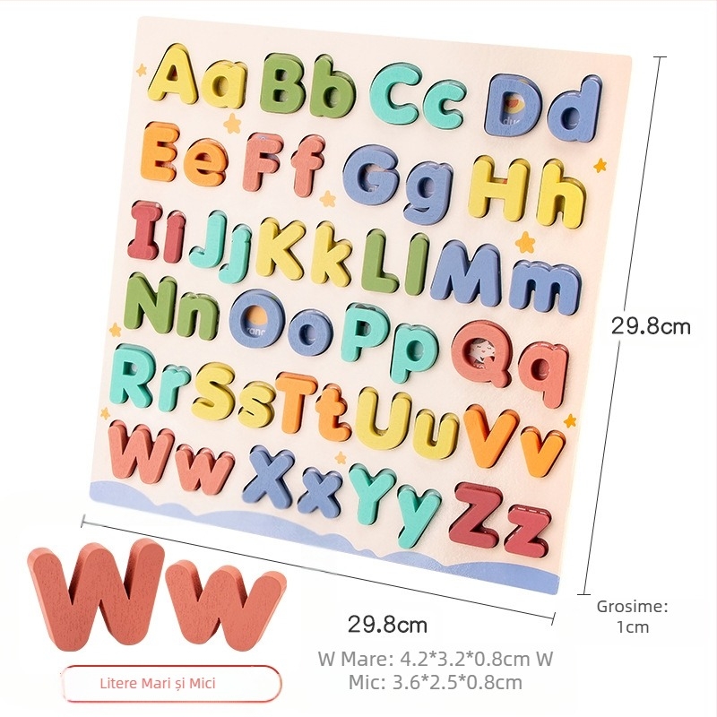 Puzzle din lemn cu alfabetul de 26 litere pentru învățare timpurie, copii 4-6 ani