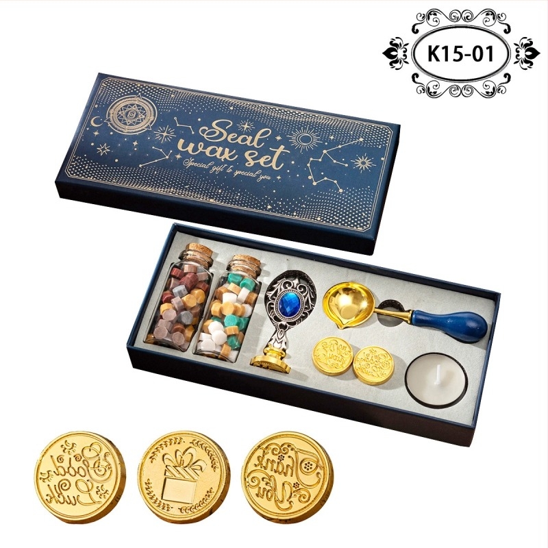 Set ștampile de ceară vintage, mâner cu pietre în stil european, cutie cadou pentru scrisori și postale, ștampile în forme neobișnuite