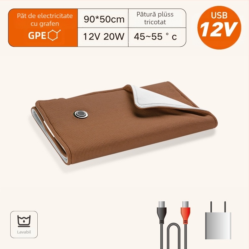 Cuvertură electrică HS05 cu încălzire din grafen, alimentare USB, control temperatură în trei trepte, fibră sintetică