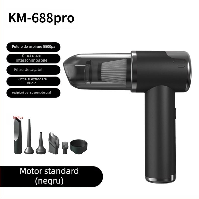 Aspirator portabil fără fir pentru mașină și casă, duză ciclonică, aspirație 2100–3000 Pa, putere 75W, autonomie 0–1 h, baterie încorporată 1600–2000 mAh