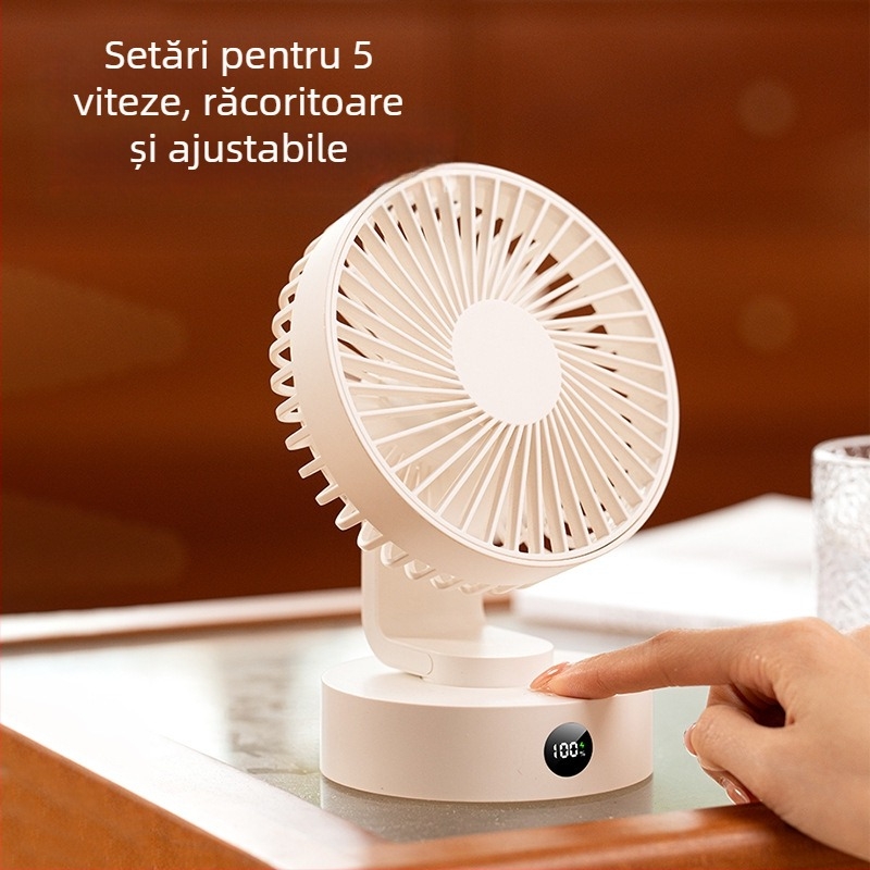 Ventilator USB de birou, portabil, motor fără perii, 5 palete, 5V 5W, baterie încorporată 1200–2000mAh