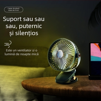 Ventilator de birou cu clemă, USB reîncărcabil, motor brushless, 5 trepte de vânt, zgomot redus sub 36 dB, baterie încorporată 1200–2000 mAh