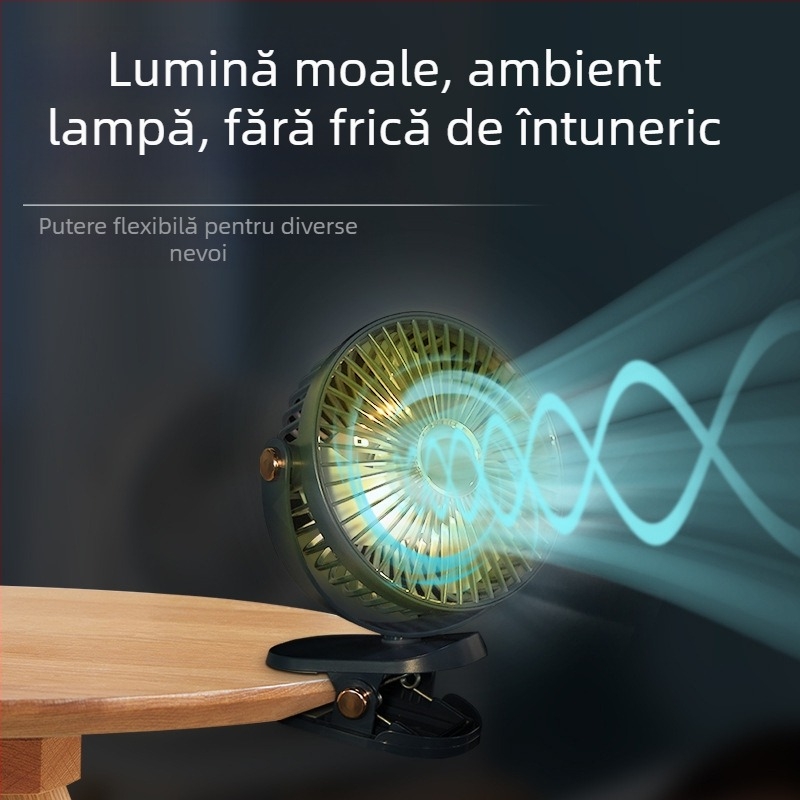 Ventilator de birou cu clemă, USB reîncărcabil, motor brushless, 5 trepte de vânt, zgomot redus sub 36 dB, baterie încorporată 1200–2000 mAh