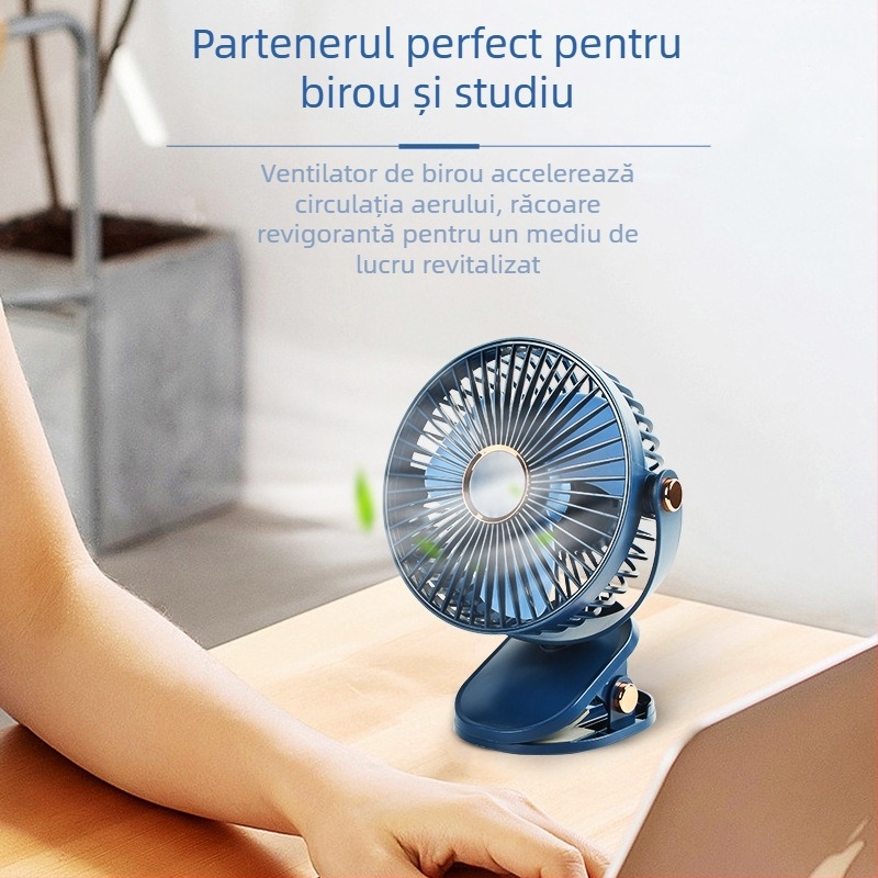 Ventilator de birou cu clemă, USB reîncărcabil, motor brushless, 5 trepte de vânt, zgomot redus sub 36 dB, baterie încorporată 1200–2000 mAh
