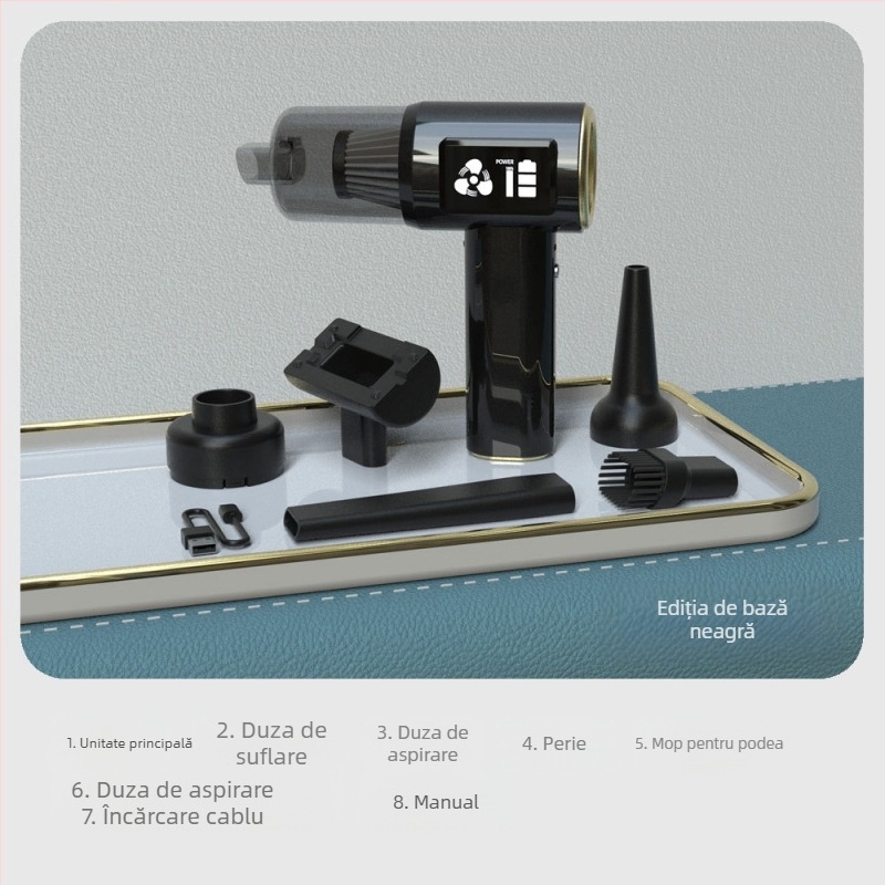 Aspirator auto fără fir cu afișaj digital, utilizare duală mașină-casă, portabil, 60W, 6000Pa, încărcabil