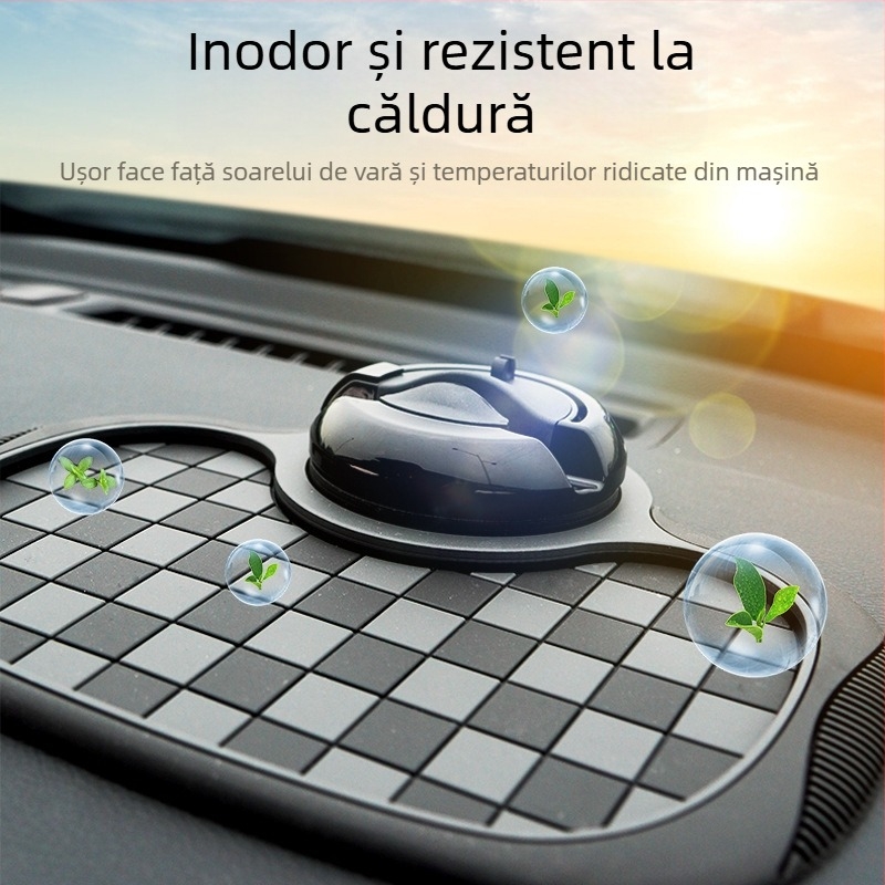 Covor anti-derapare auto cu model pătrat de şah, suport pentru telefon și spațiu de depozitare pe bord; material PVC, personalizare disponibilă, imprimare logo