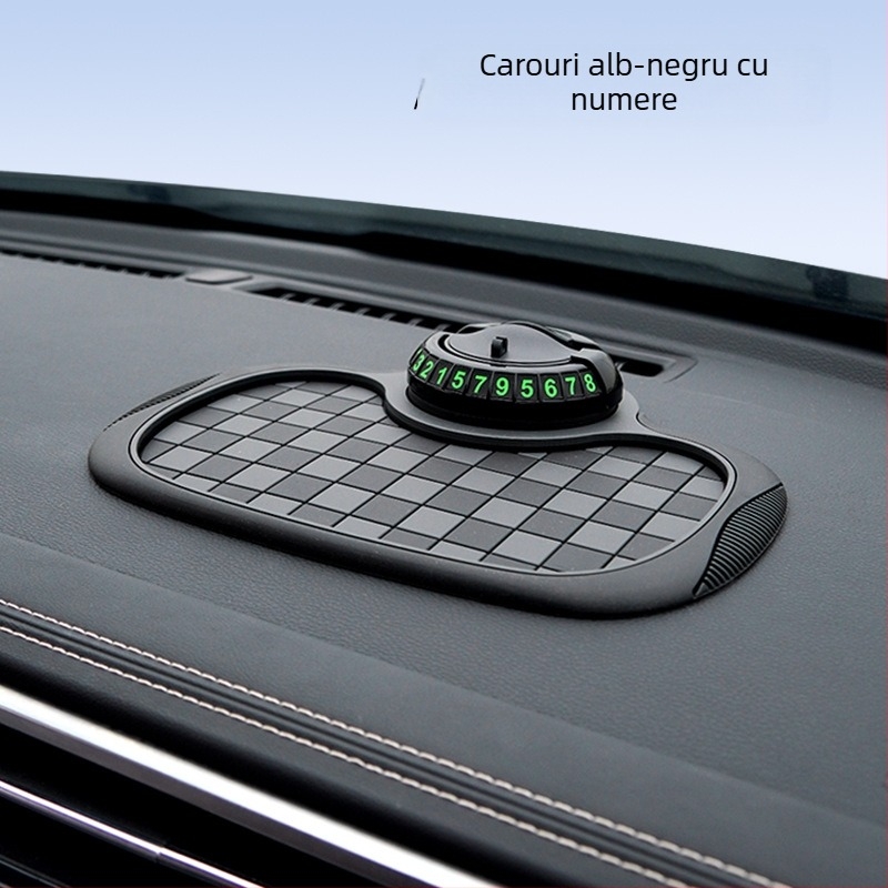 Covor anti-derapare auto cu model pătrat de şah, suport pentru telefon și spațiu de depozitare pe bord; material PVC, personalizare disponibilă, imprimare logo