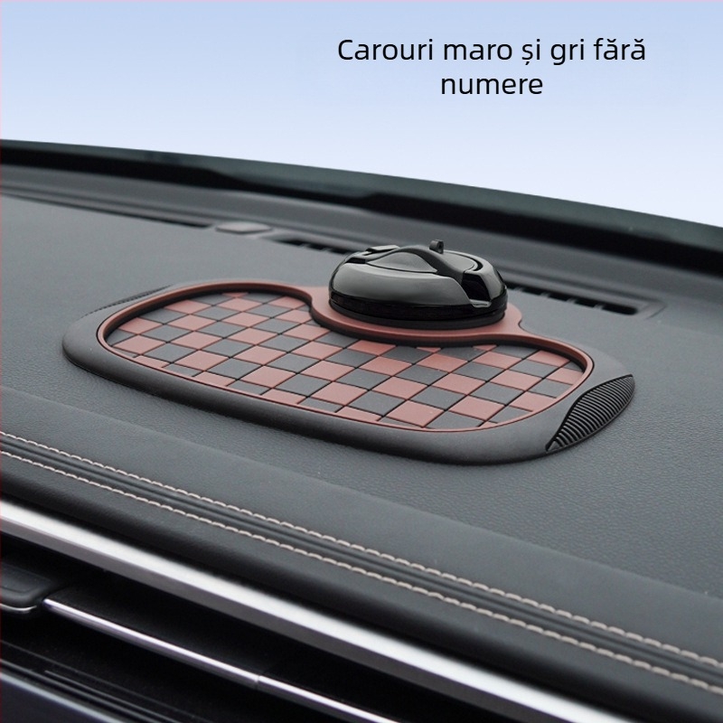 Covor anti-derapare auto cu model pătrat de şah, suport pentru telefon și spațiu de depozitare pe bord; material PVC, personalizare disponibilă, imprimare logo