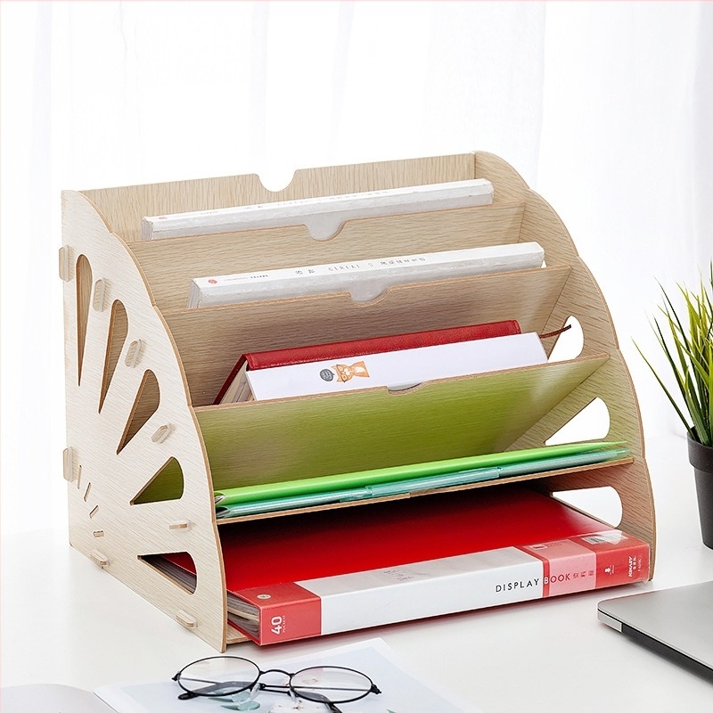 Raft pentru fișiere cu formă de sector gol, 5 etaje, din placă de densitate, depozitare pe birou, cu logo imprimat