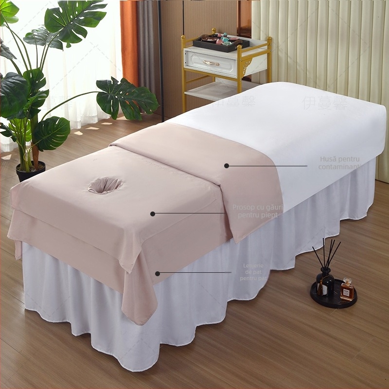 Cearșaf de pat pentru salonul de înfrumusețare cu găuri, țesătură twill, fibră chimică, culoare solidă, vopsire reactiva, personalizare disponibilă, opțiune pentru o singură piesă