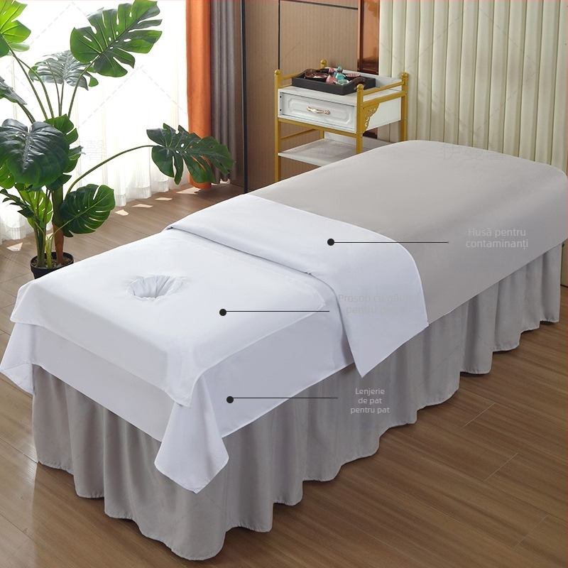Cearșaf de pat pentru salonul de înfrumusețare cu găuri, țesătură twill, fibră chimică, culoare solidă, vopsire reactiva, personalizare disponibilă, opțiune pentru o singură piesă