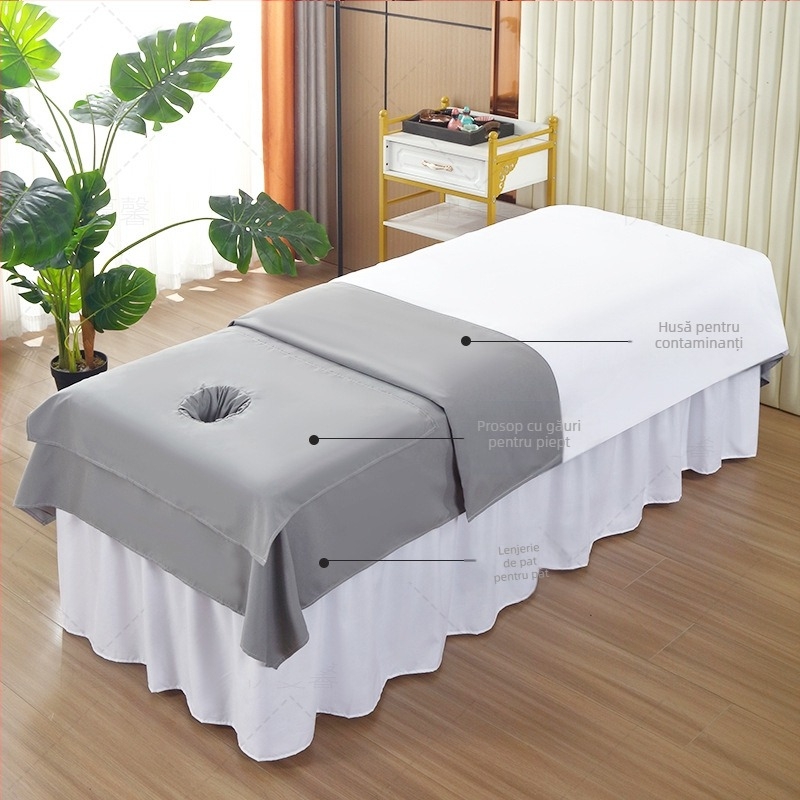 Cearșaf de pat pentru salonul de înfrumusețare cu găuri, țesătură twill, fibră chimică, culoare solidă, vopsire reactiva, personalizare disponibilă, opțiune pentru o singură piesă