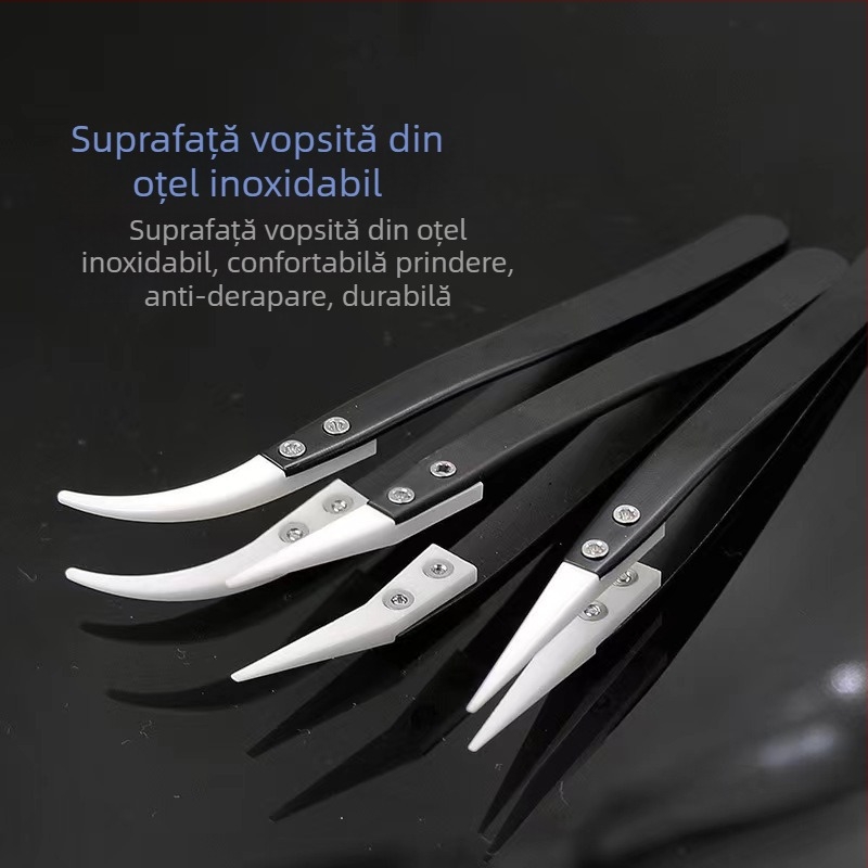 Pensete de precizie cu vârf ceramic, corp din oțel inoxidabil, anti-magnetice, rezistente la acizi, cu vârf ascuțit îndoit