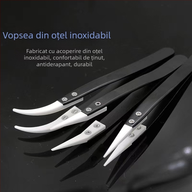 Pensete de precizie cu vârf ceramic, corp din oțel inoxidabil, anti-magnetice, rezistente la acizi, cu vârf ascuțit îndoit