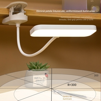 Lampa de birou LED cu clemă pentru protecția ochilor, USB reîncărcabilă, baterie încorporată, control prin atingere, design modern minimalist.
