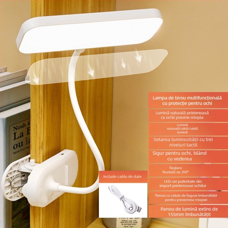 Lampa de birou LED cu clemă pentru protecția ochilor, USB reîncărcabilă, baterie încorporată, control prin atingere, design modern minimalist.