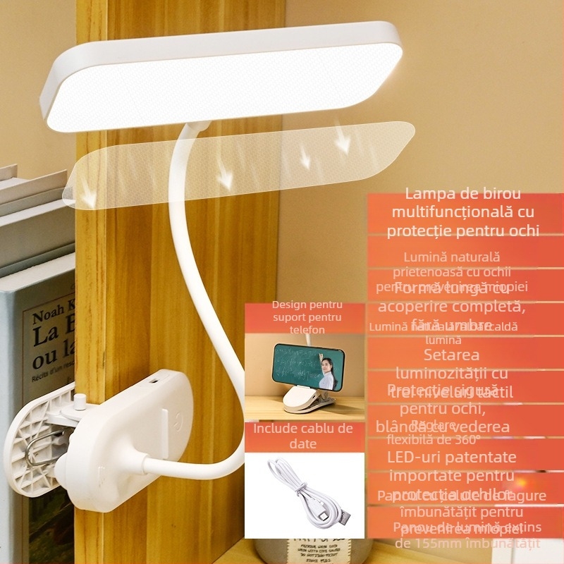 Lampa de birou LED cu clemă pentru protecția ochilor, USB reîncărcabilă, baterie încorporată, control prin atingere, design modern minimalist.