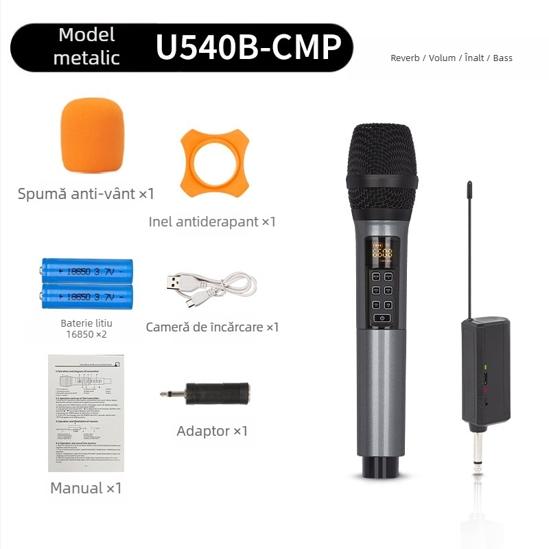 Microfon pentru KTV/Live, model U540B - răspuns în frecvență 20 Hz–20 kHz, SNR ≥95 dB, baterie detașabilă 1000–1200 mAh, autonomie 3–6 ore