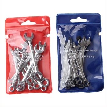 Set de 10 chei mini cu deschidere deschisă, dual-use, dimensiuni metrice și inch, din oțel carbon, greutate 0,13 kg